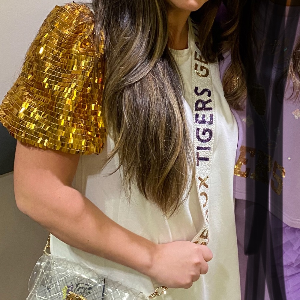 Women’s White Dress with Gold and Purple Sequin Sleeves LSU - Picture 2 of 4